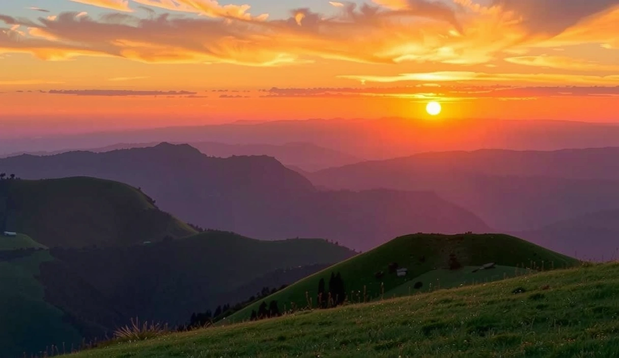 A serene landscape with a vibrant sunset over rolling hills, symbolizing nature's purity and the start of a new journey.