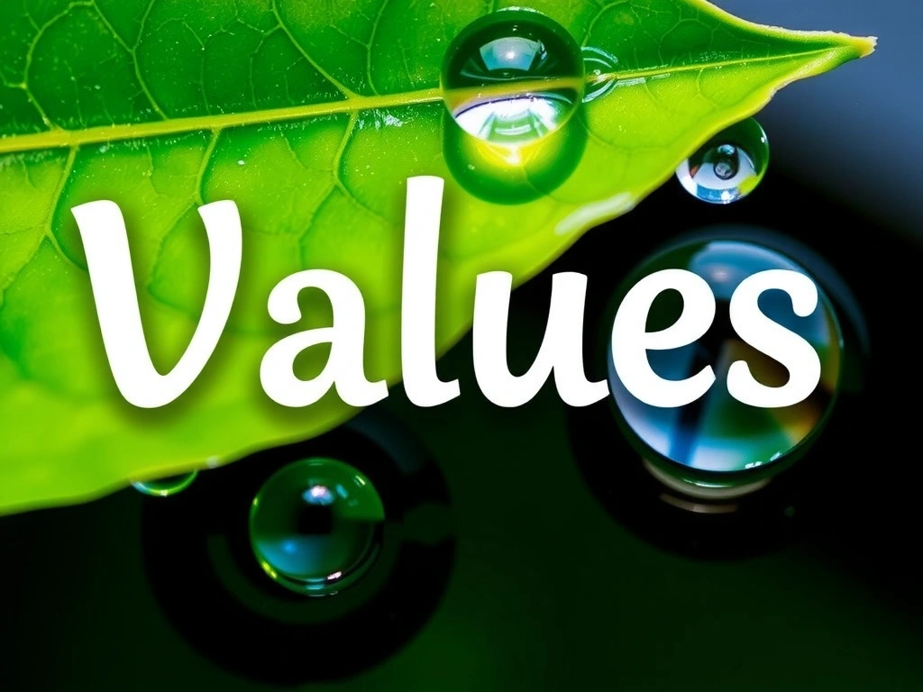 Abstract representation of values with a green leaf and clean water droplets, symbolizing purity, growth, and natural essence.