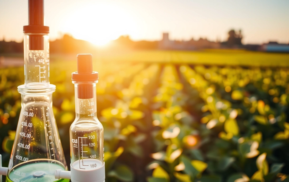 Close-up of lab equipment with glowing beakers and tubes, symbolizing rigorous quality control and scientific validation, combined with a blurred background of an organic farm field.