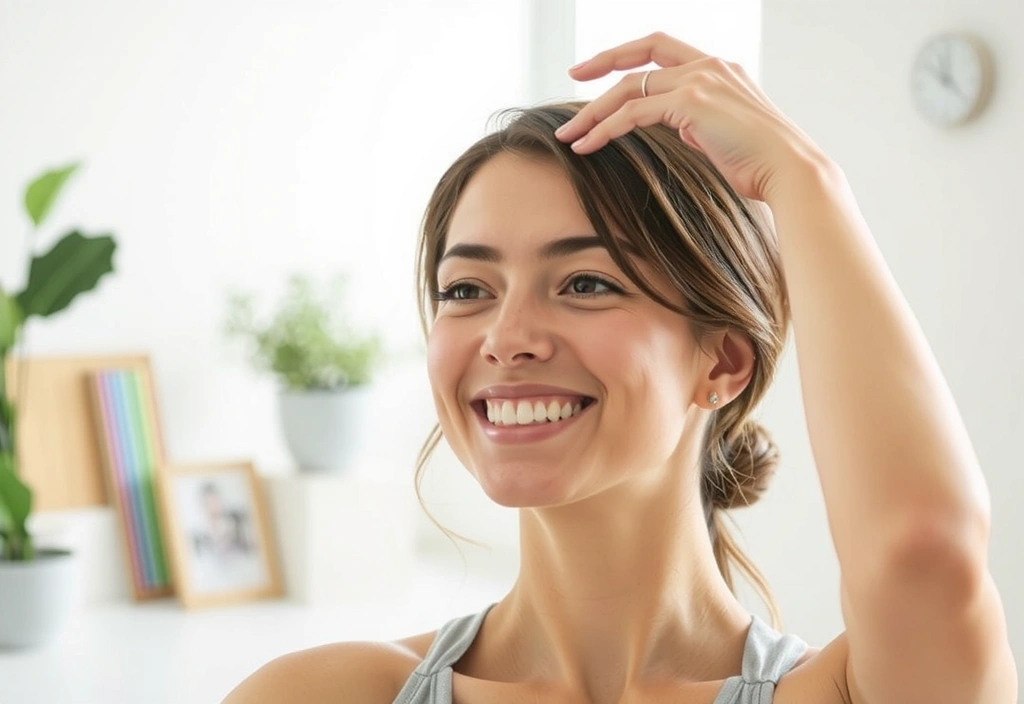 Woman enjoying a healthy lifestyle, glowing skin, smiling