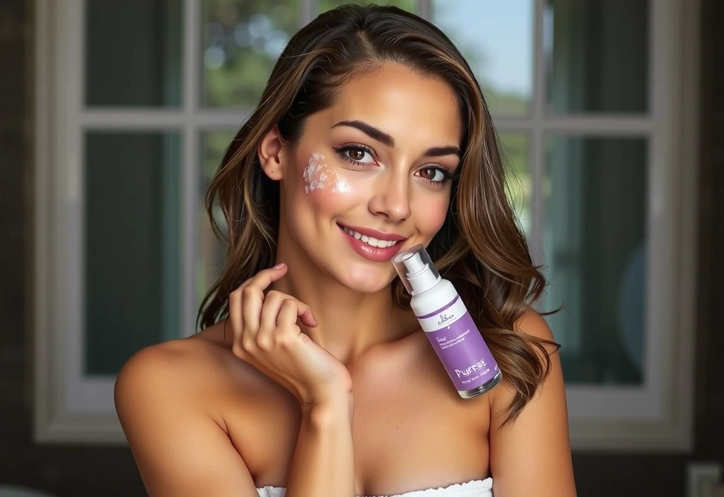 Woman gently cleansing her face with Puresense product, soft light