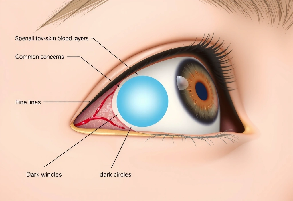 Detailed illustration of the delicate skin around an eye, showing layers and common concerns like fine lines and dark circles.