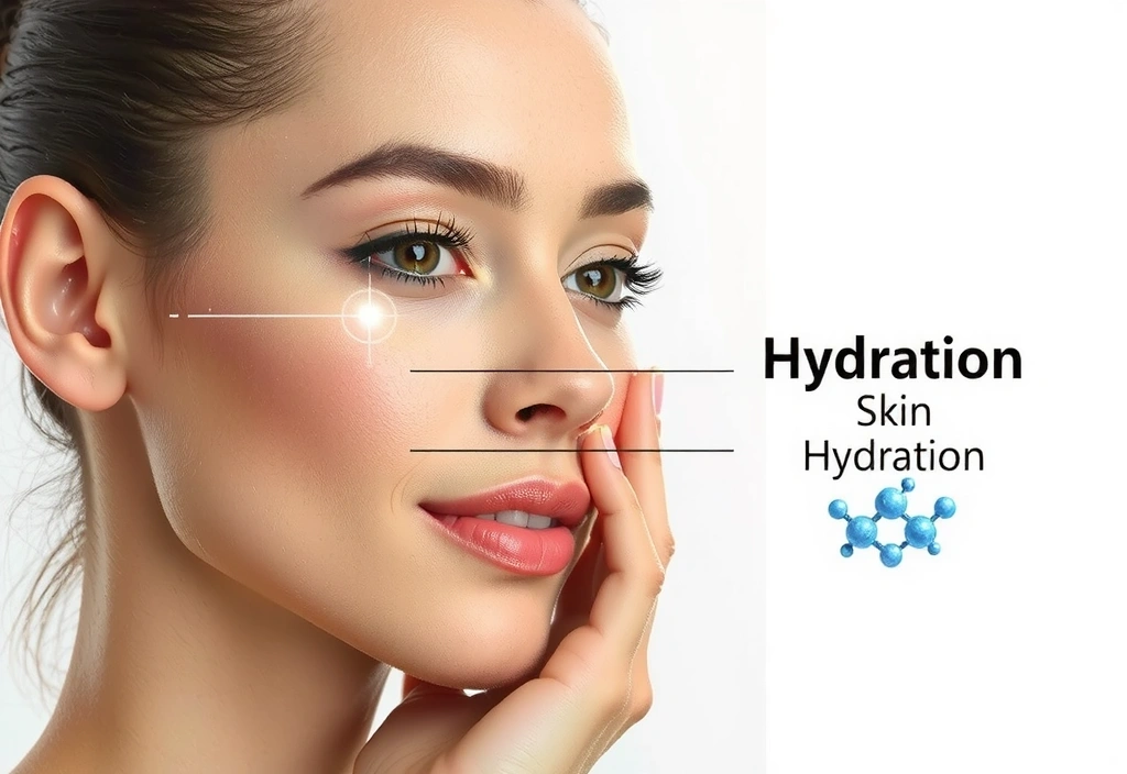 Scientific illustration of skin layers and hydration molecules