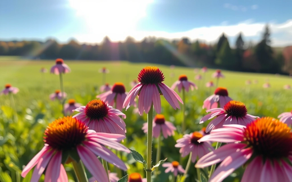Purple echinacea flowers in a field