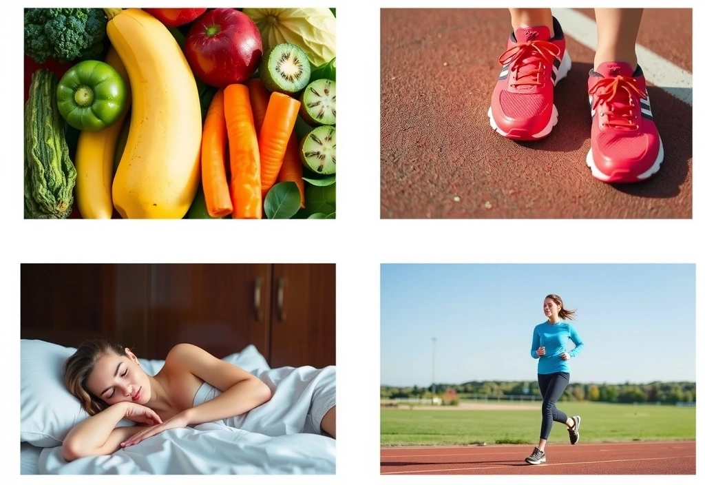 Various healthy lifestyle elements: fruits, running shoes, sleeping person, meditating person