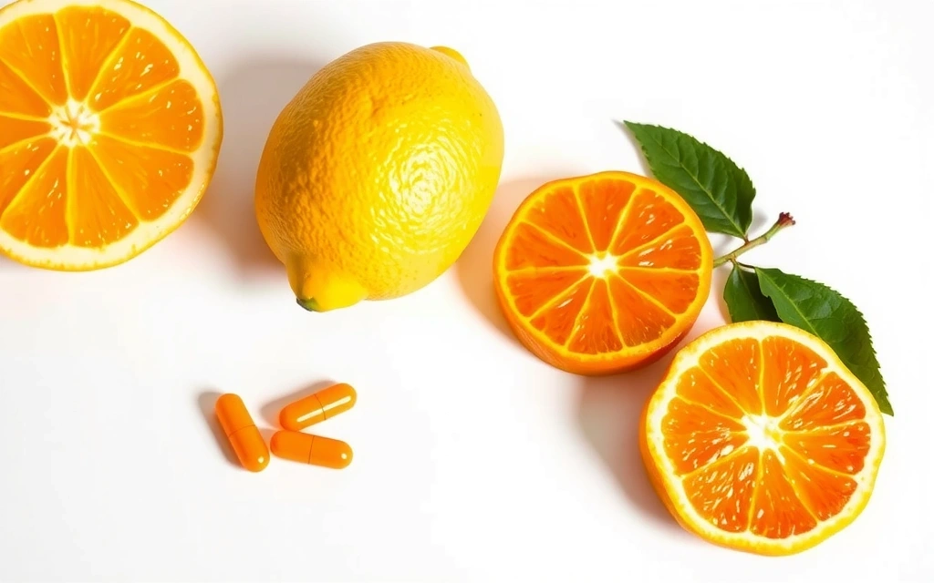 Vitamin C capsules and fresh oranges