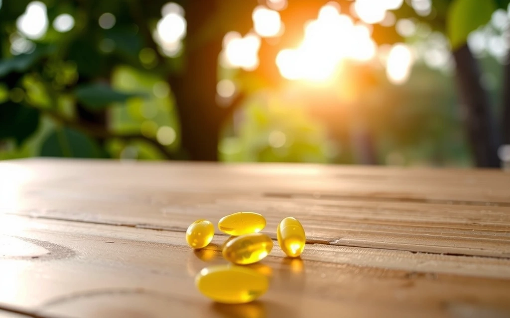 Vitamin D supplements with sun and nature background