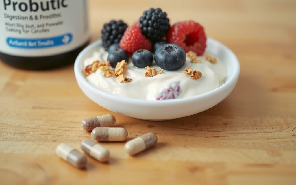 Yogurt with berries and probiotic capsules