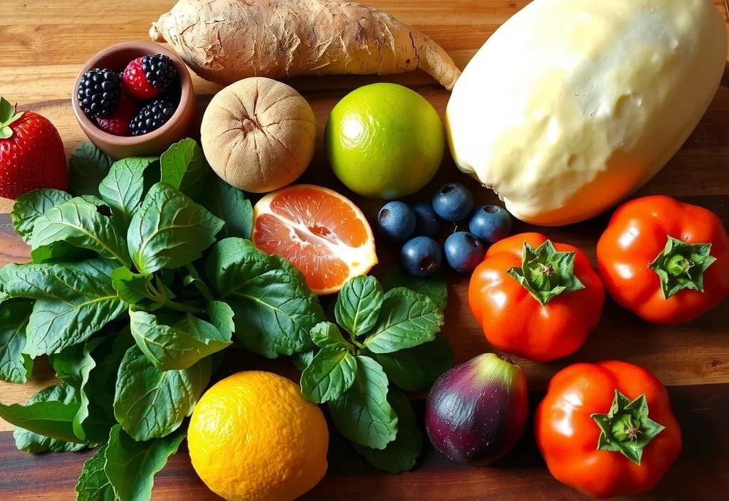 A variety of colorful fruits and vegetables on a cutting board, symbolizing a healthy diet