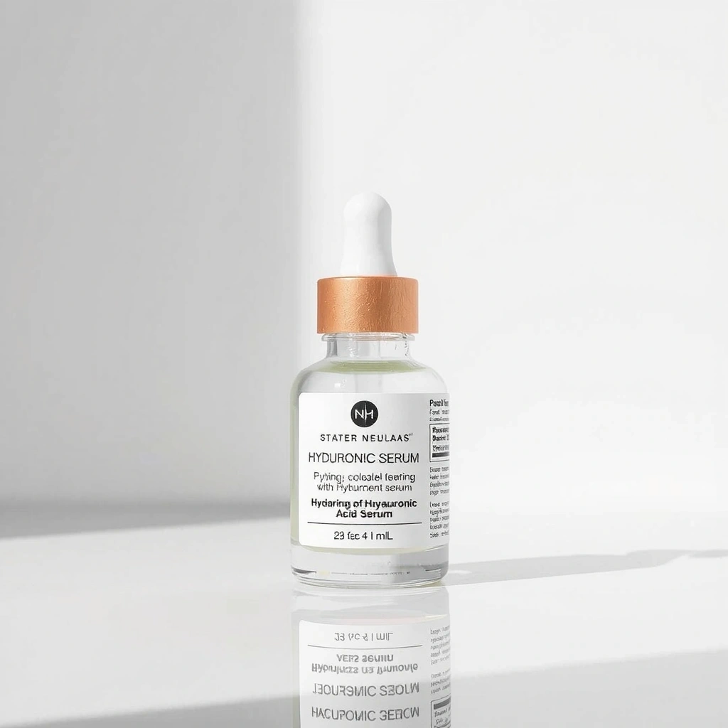 A small, elegant jar of a hydrating hyaluronic acid serum, with a dropper, reflecting light on a minimalist setup.
