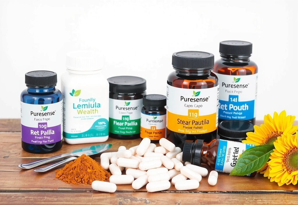 A vibrant assortment of natural health supplements, including bottles, capsules, and powders, arranged aesthetically on a rustic wooden table with soft, inviting light.