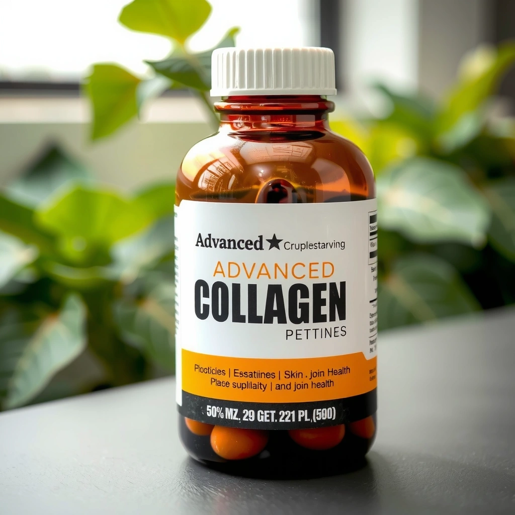 A bottle of advanced collagen peptides supplement, designed for skin elasticity and joint health, against a soft, natural background.