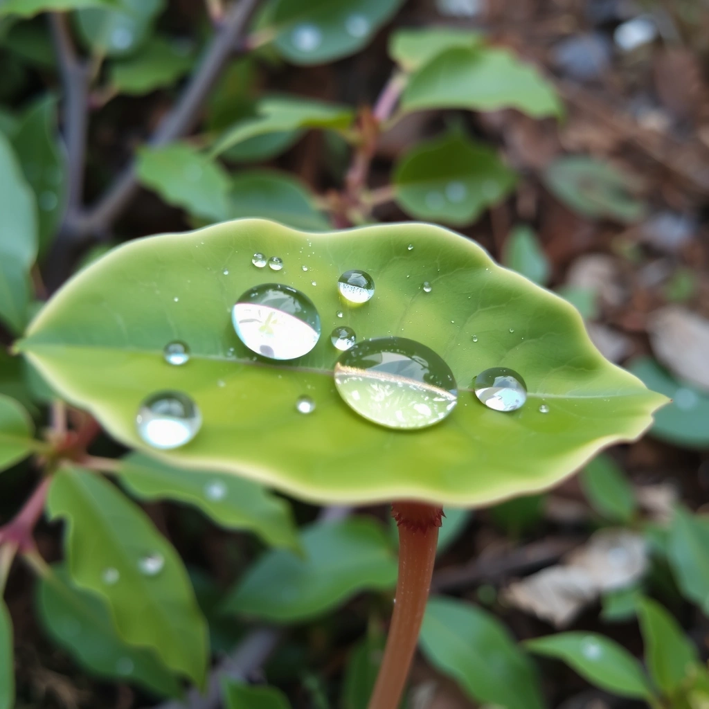 Leaf with water drops, symbolizing natural purity