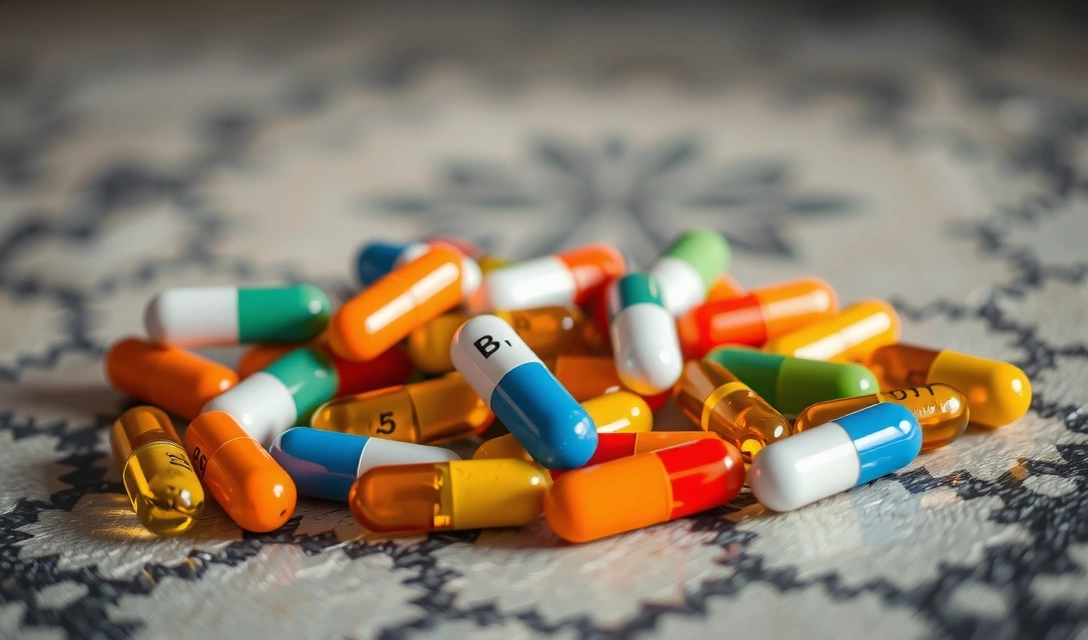 Variety of B-complex vitamin capsules with energetic background